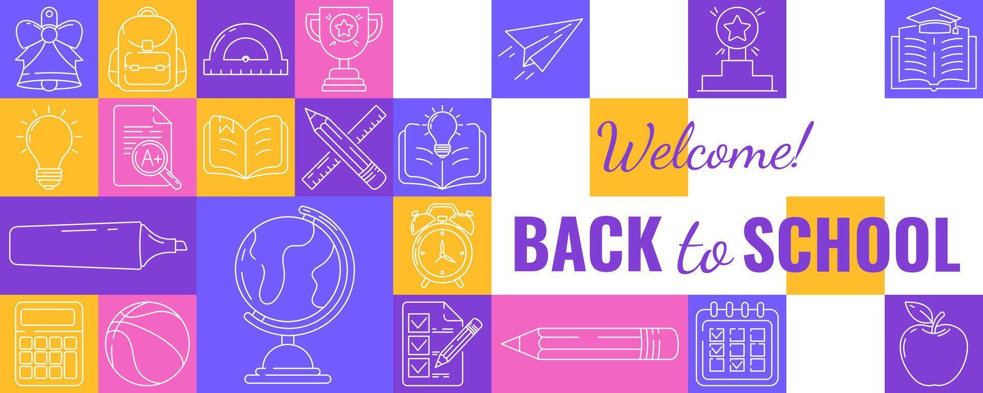 Modern geometric shapes background with set of education, school icons in flat minimalist line style. Welcome back to school text, learning, knowledge concept. For flyer, poster, banner, cover, web vector