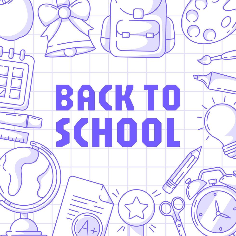 Back to school, square poster, checkered background. Minimalist design with school supplies, stationery. Education, learning, knowledge concept. For social media, banner, flyer, card, post vector