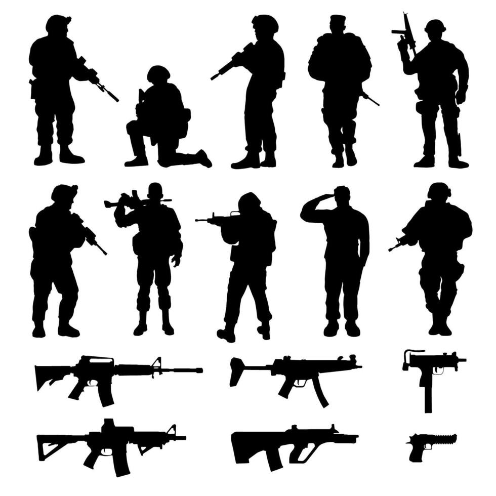 Silhouette of American soldier with weapons vector