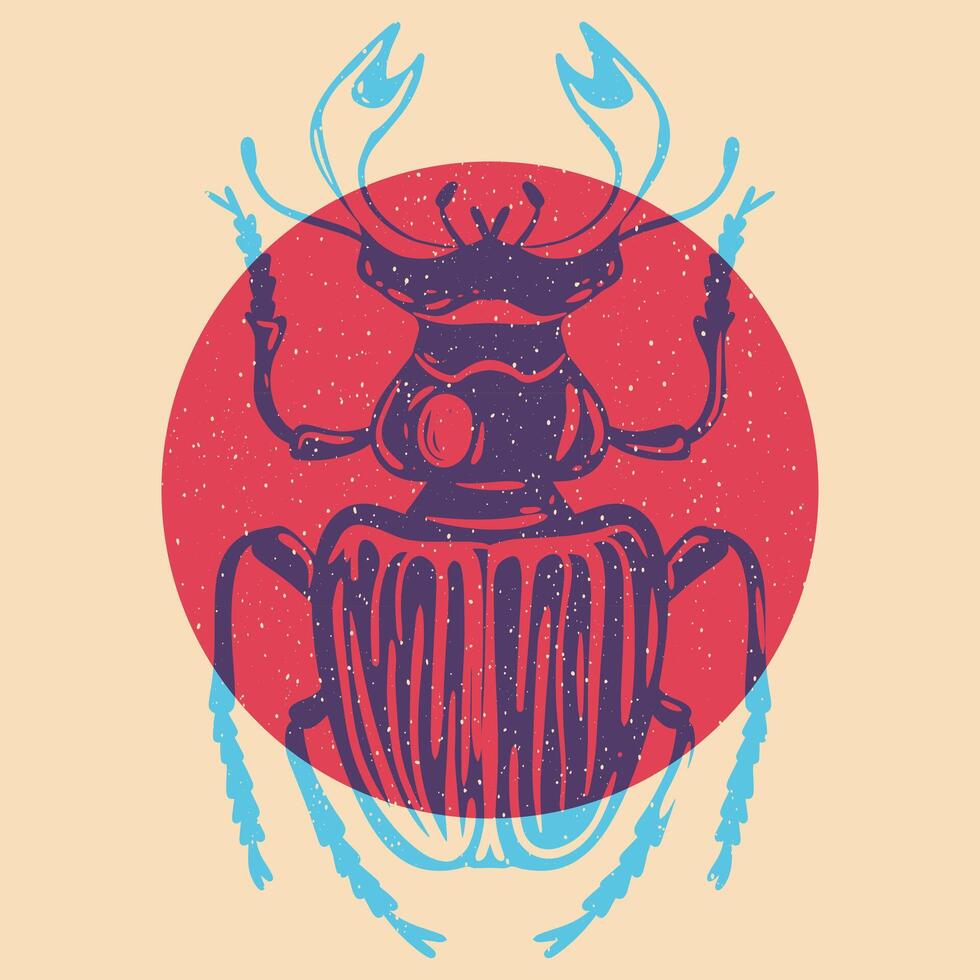 Beetle. Colorful cute screen printing effect. Riso print effect. illustration. Graphic element for fabric, textile, clothing, wrapping paper, wallpaper vector