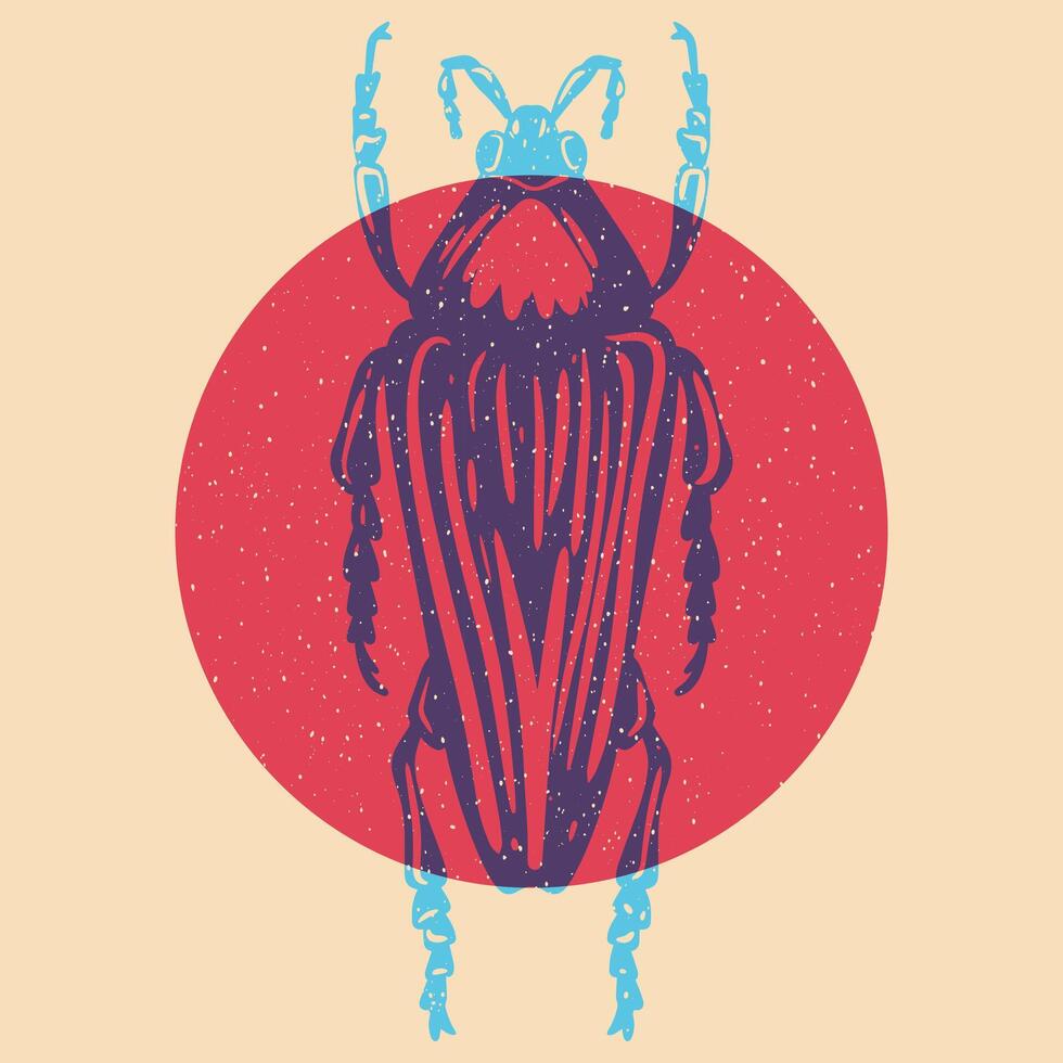 Beetle. Colorful cute screen printing effect. Riso print effect. illustration. Graphic element for fabric, textile, clothing, wrapping paper, wallpaper vector