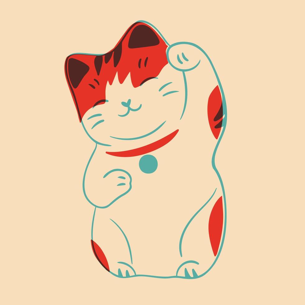 Lucky cat. Colorful cute screen printing effect. Riso print effect. illustration. Graphic element for fabric, textile, clothing, wrapping paper, wallpaper, poster. vector