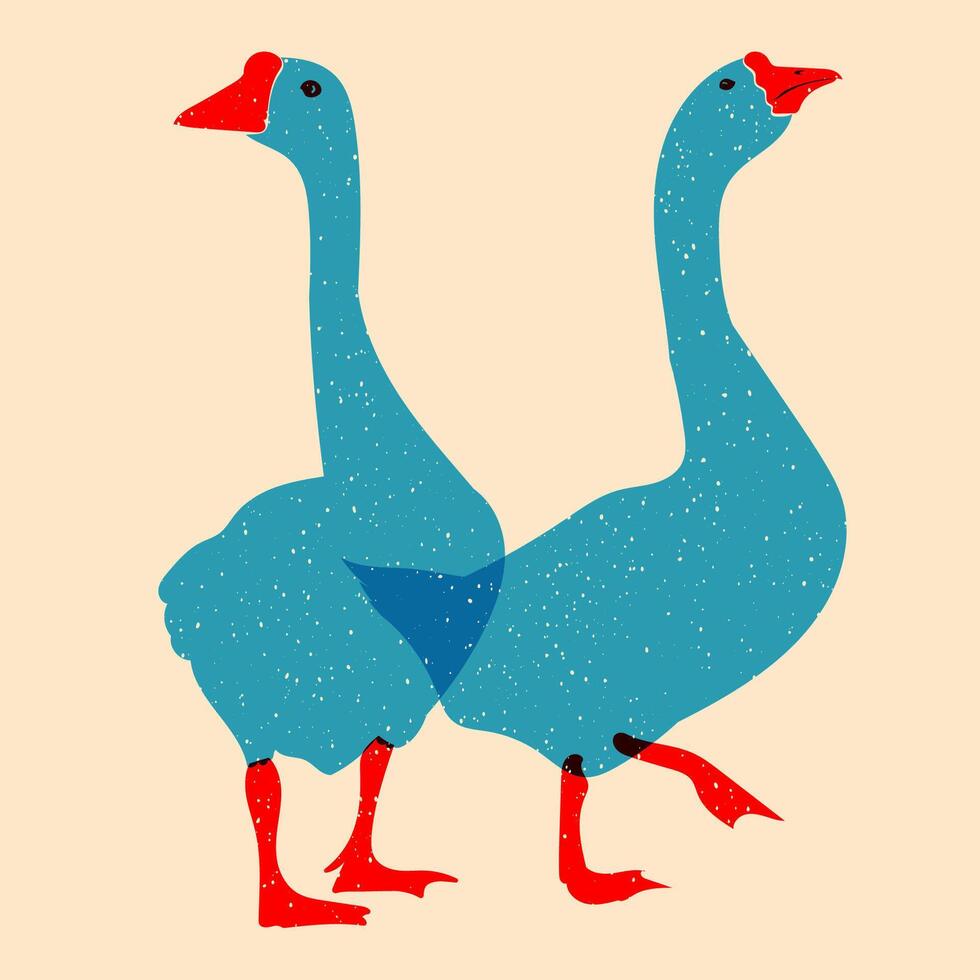 Duck, goose. Design for print, sticker, party decoration, logo, emblem, magazine prints or journal article, t-shirt design, poster. illustration with Riso print effect vector