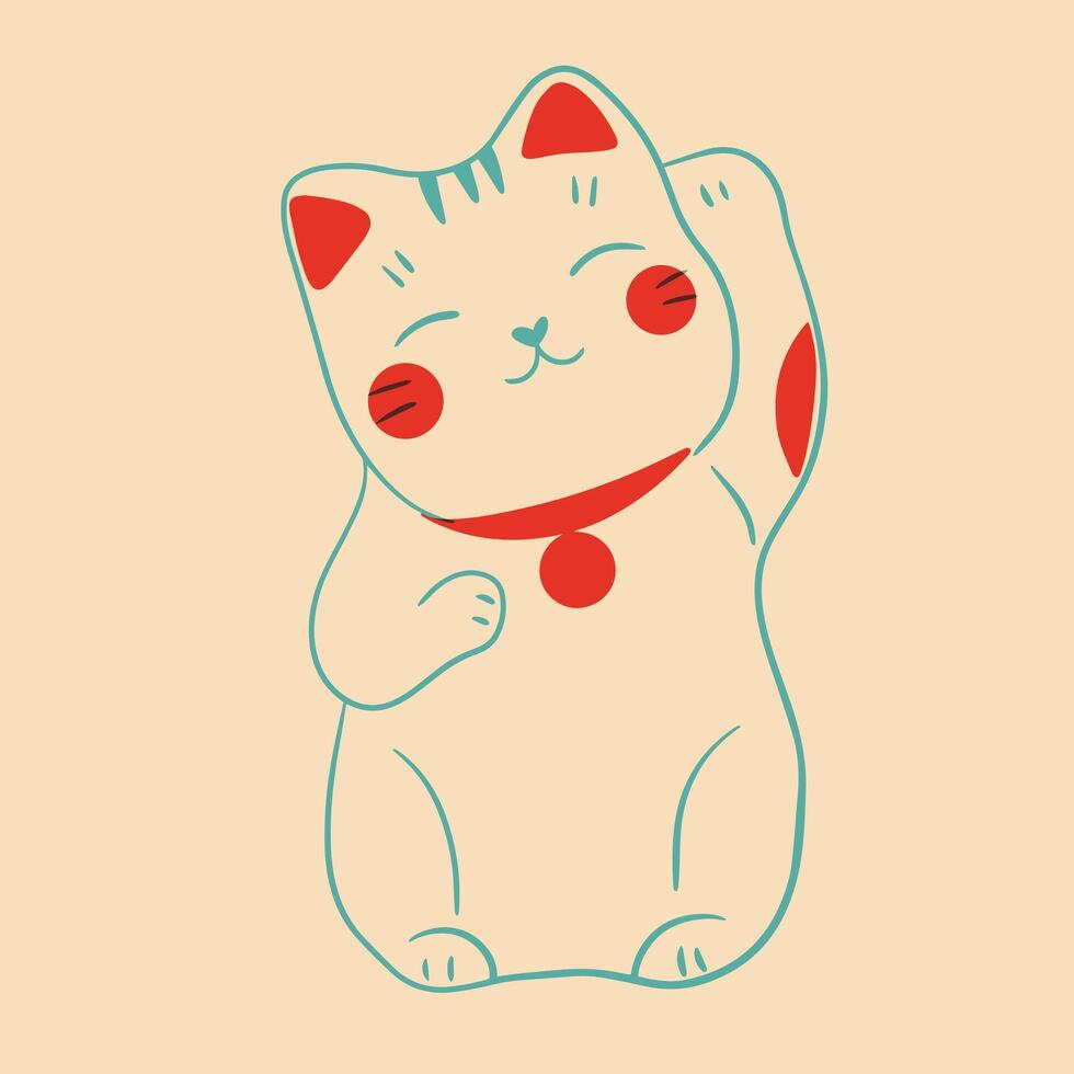 Lucky cat. Colorful cute screen printing effect. Riso print effect. illustration. Graphic element for fabric, textile, clothing, wrapping paper, wallpaper, poster. vector