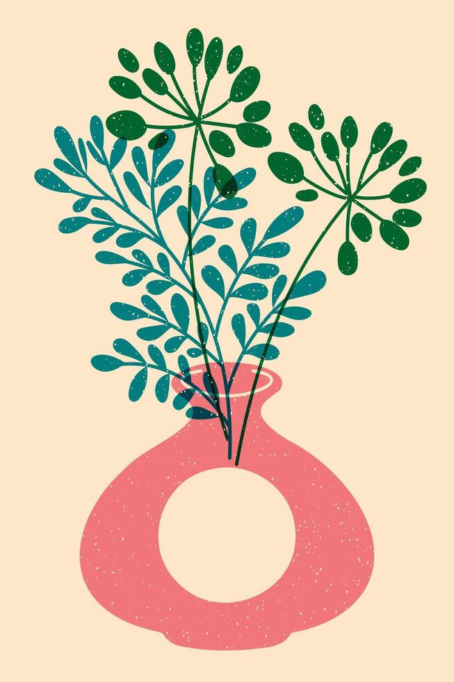 Flowers in a vase. Colorful cute screen printing effect. Riso print effect. illustration. Graphic element for fabric, textile, clothing, wrapping paper, wallpaper, poster. vector