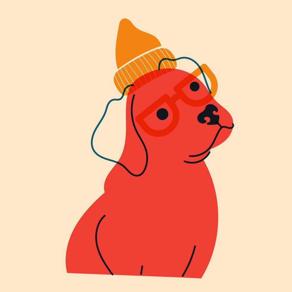 Dog, puppy in glasses. Avatar, badge, poster, logo templates, print. illustration in a minimalist style with Riso print effect. Flat cartoon style vector