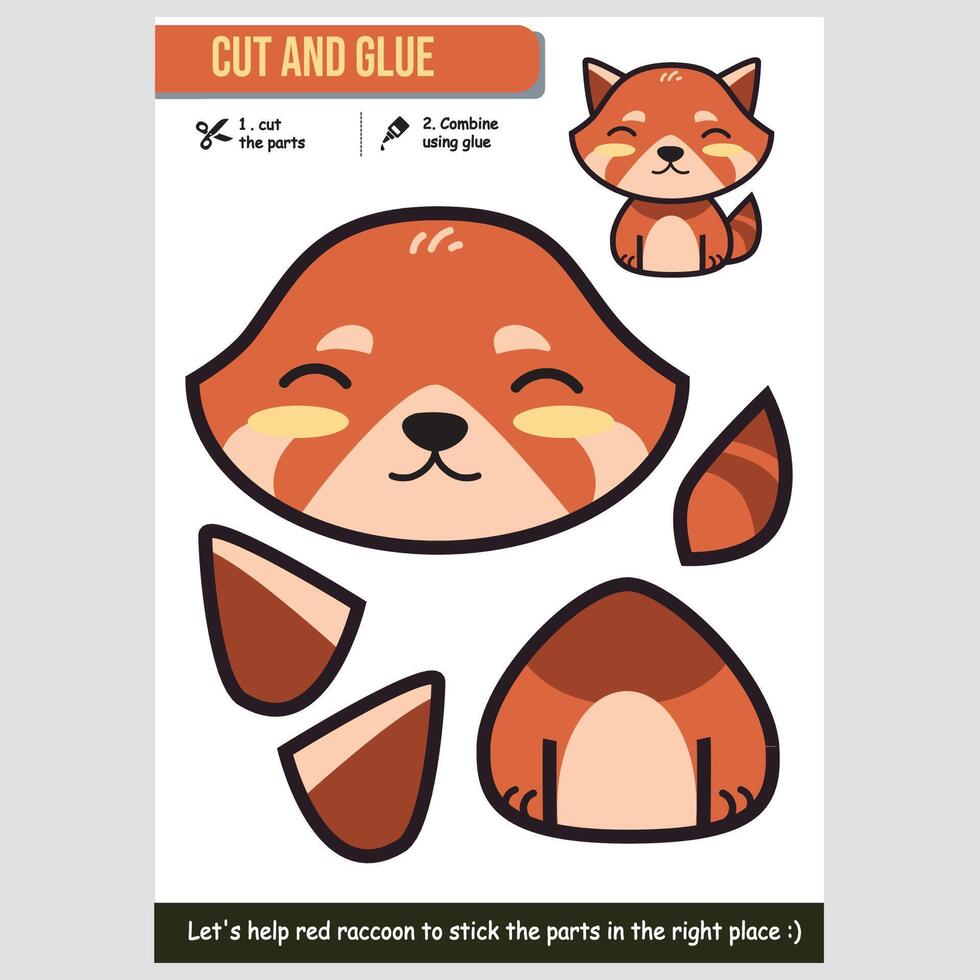 Adorable raccoon illustration for kids educational cut and glue paper game vector