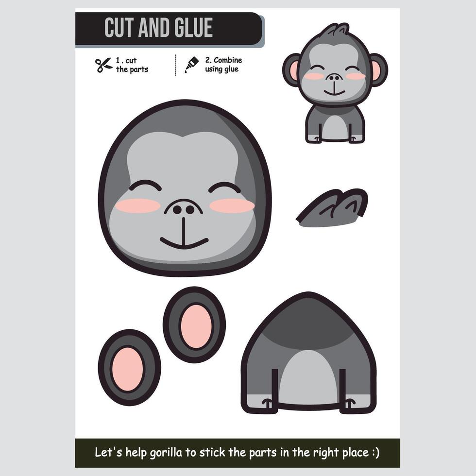 Colorful illustration of a cute gorilla for educational paper game for kids vector