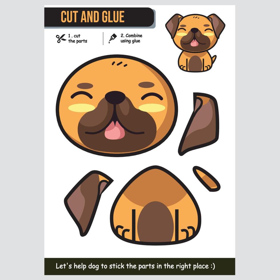 Cute dog paper craft for kids. Fun educational activity cut, glue, and learn vector