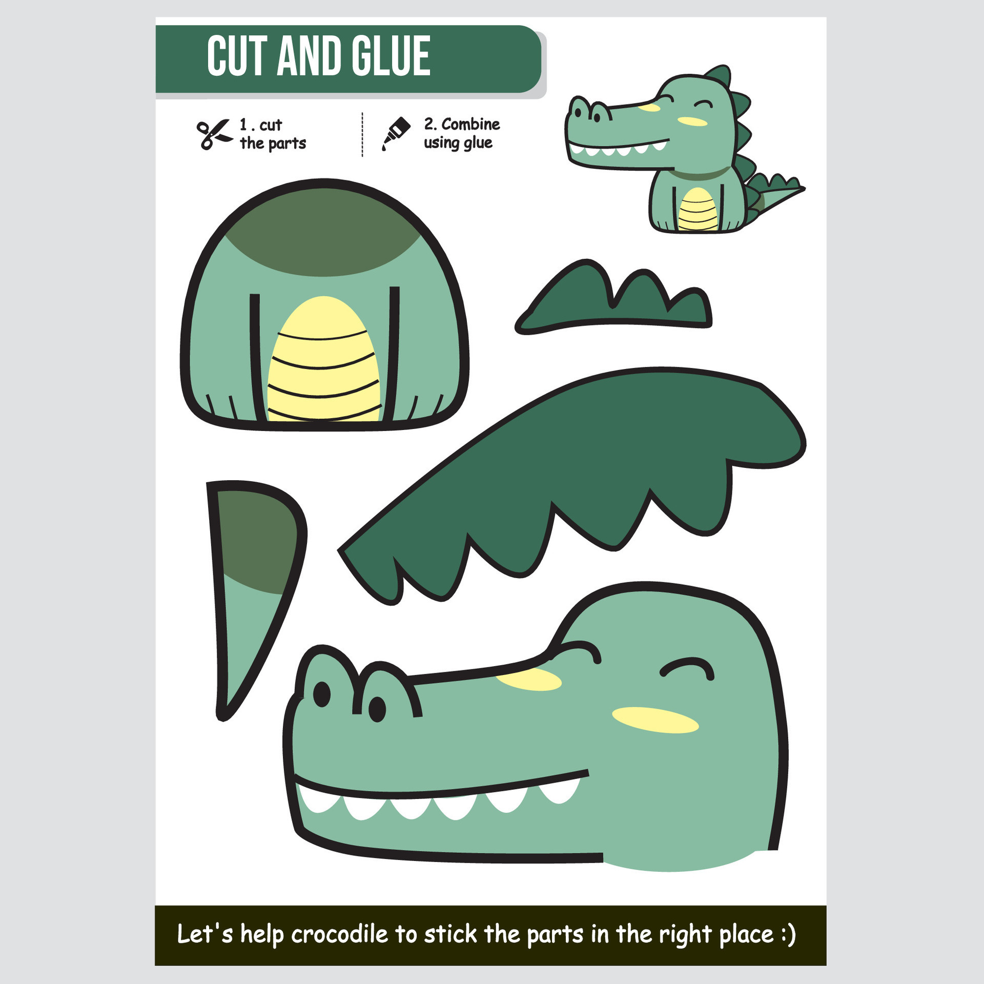 Cute crocodile paper craft for kids Fun educational activity with cut