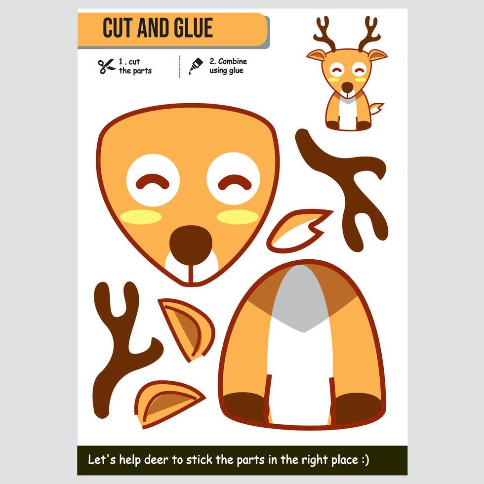 Cute deer illustration for kids educational paper game. Fun cut and glue activity. vector