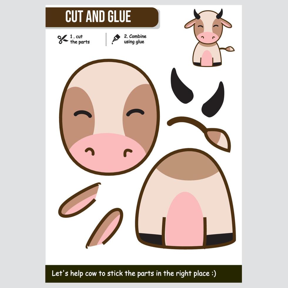 Adorable illustration of a cute cow for kids educational paper game vector