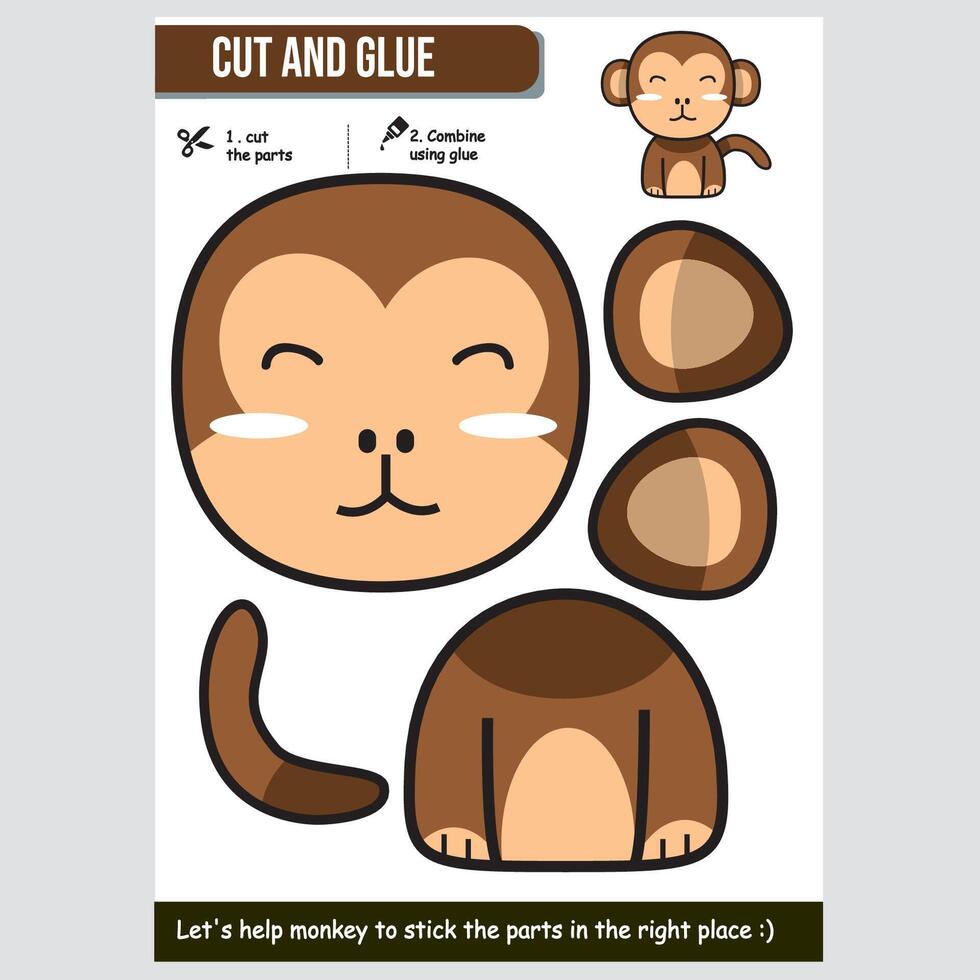 Adorable monkey paper craft for kids. Educational cut and glue activity. vector