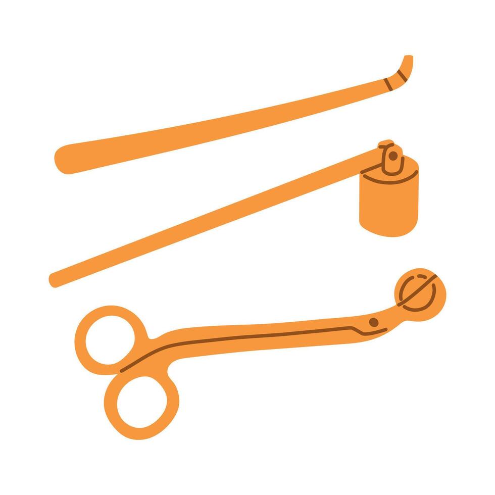 Hand drawn candle accessory set. Doodle trimmer, wick dipper and snuffer. Illustration vector