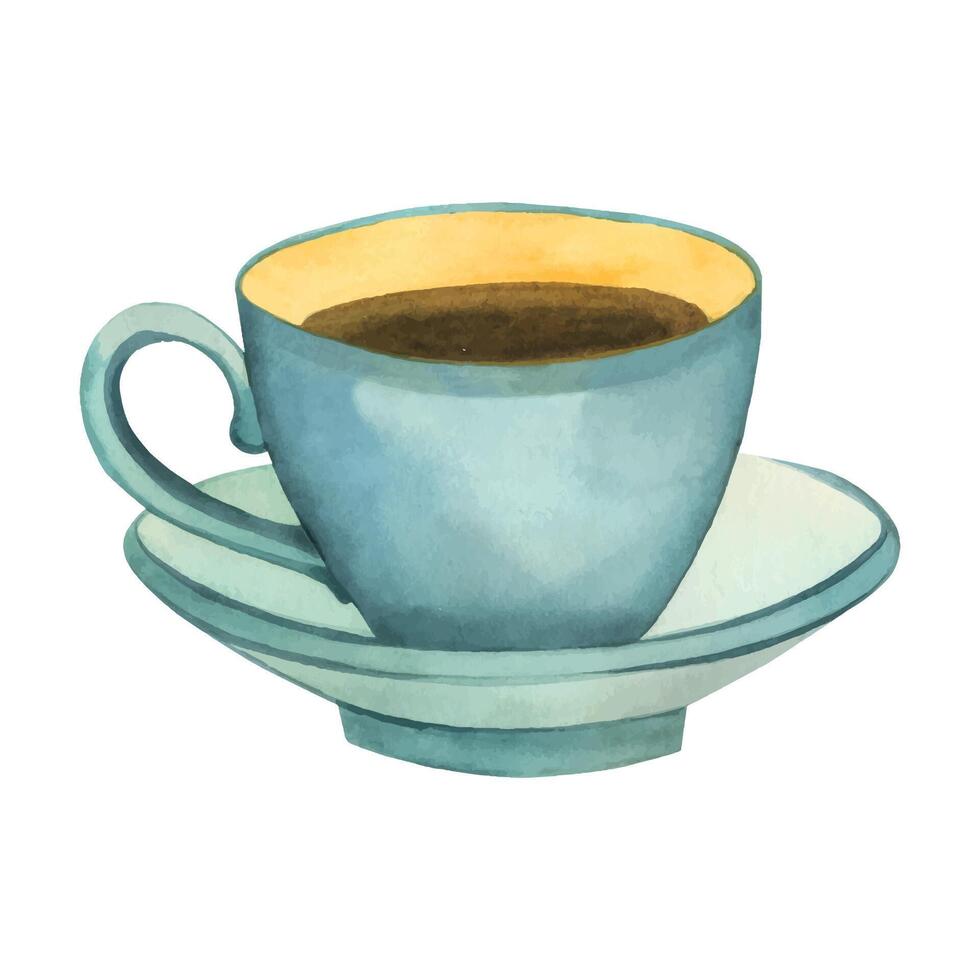 Tea cup. Illustration. Blue tea cup with saucer and drink inside. All elements are hand-painted in watercolor on a white background. Suitable for printing on fabric and paper, textiles, kitchen vector