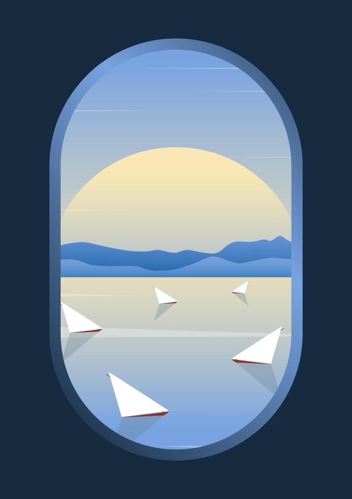 Lagoon aerial view with mountains and sunrise illustration. Minimalist gradient wall decor. Seaside vector