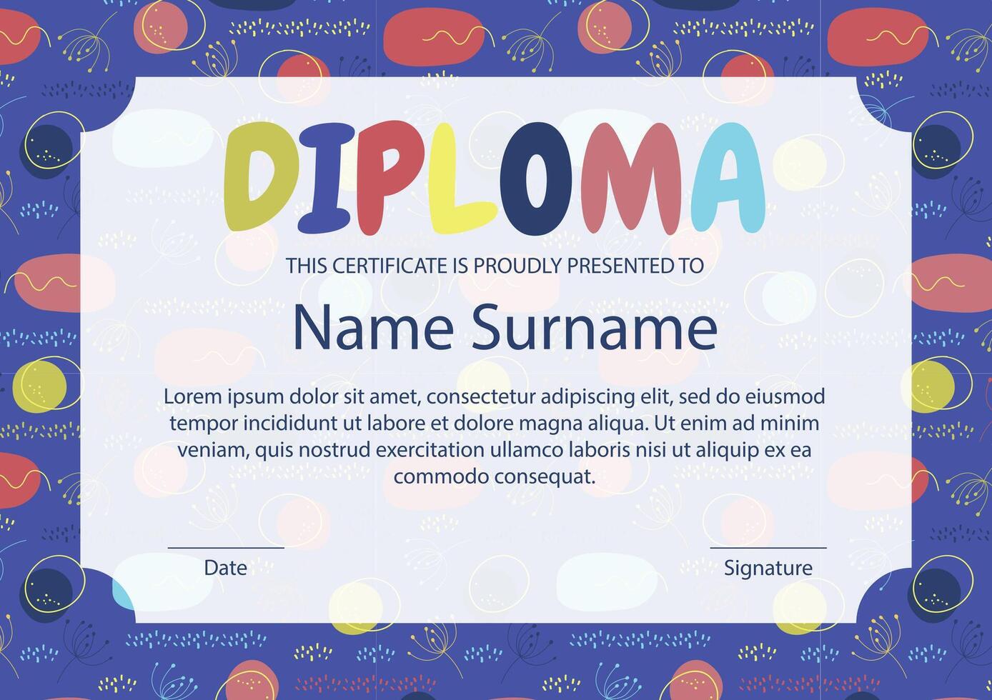 Cute colorful children certificate of achievement and appreciation template. Diploma template for kids vector