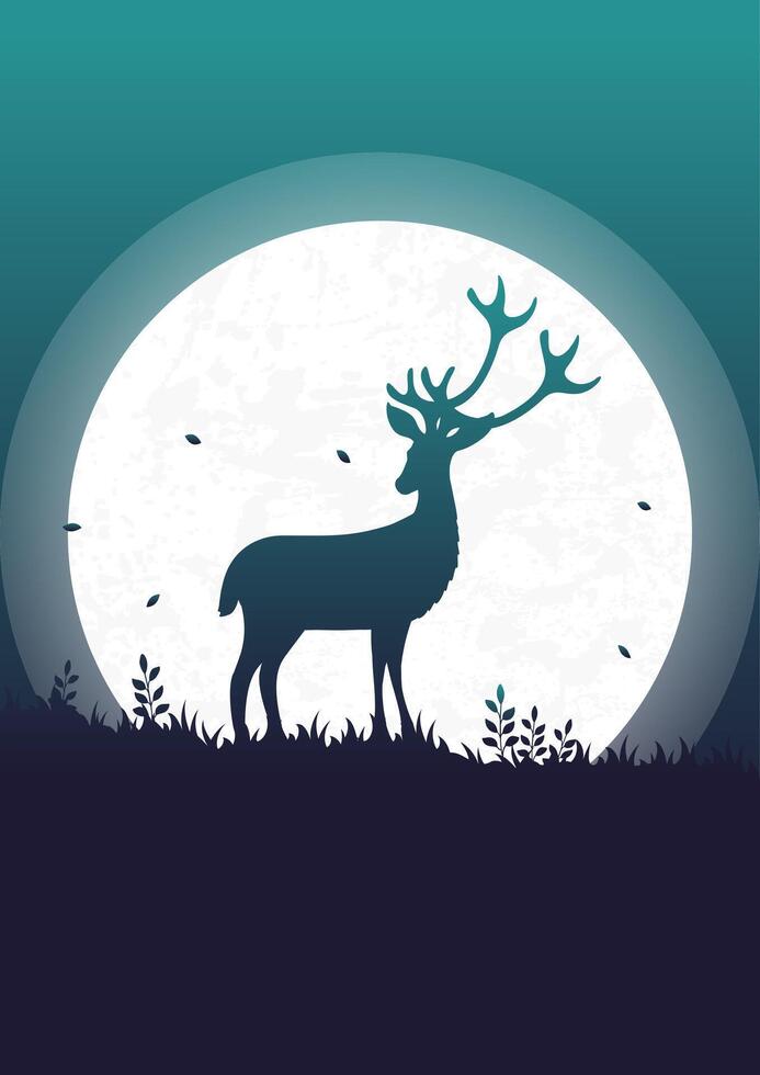 Minimalistic full moon skyscape and doe silhouette. Wildlife animals in nature illustration poster vector