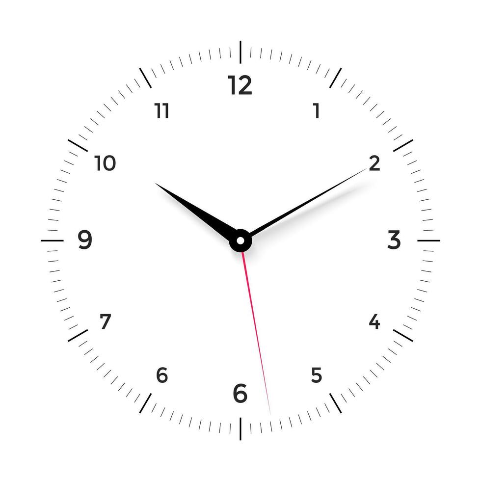 White clock face with black and red pointer on white background vector