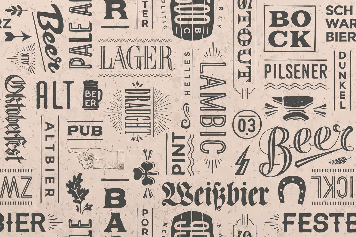 Seamless pattern with types of beer and hand drawn lettering vector