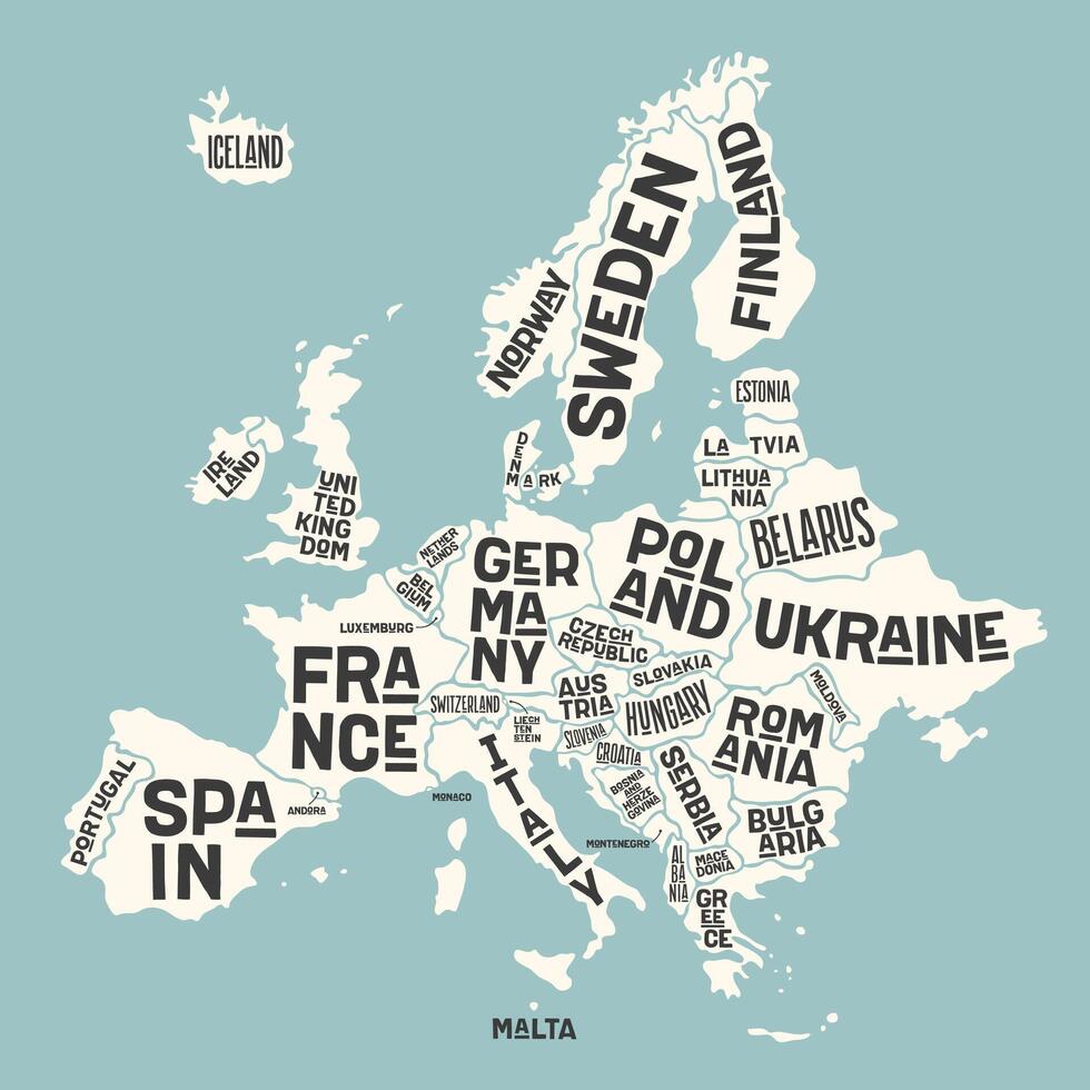 Europe, map. Poster map of the Europe with country names vector