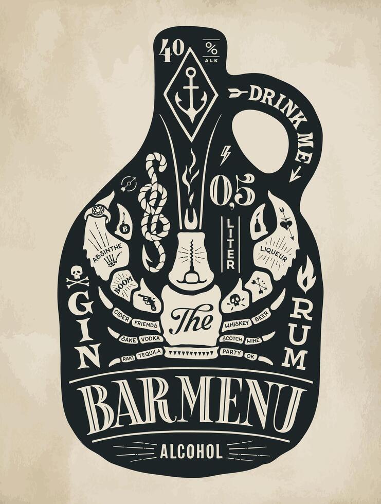Poster bottle of alcohol with hand drawn lettering vector