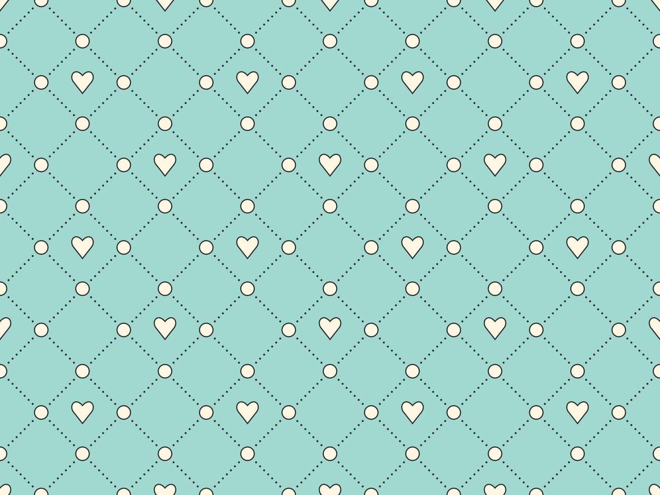 Seamless pattern with white heart and dot on a turquoise background for Valentine Day. Illustration. vector