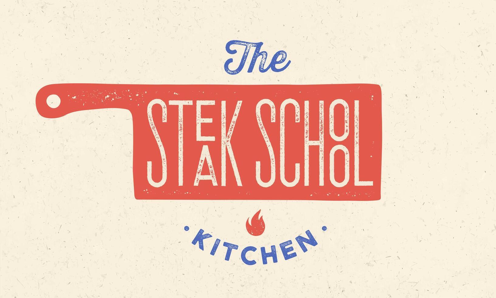 Meat logo. Logo for Cooking school with icon chef knife, text typography vector