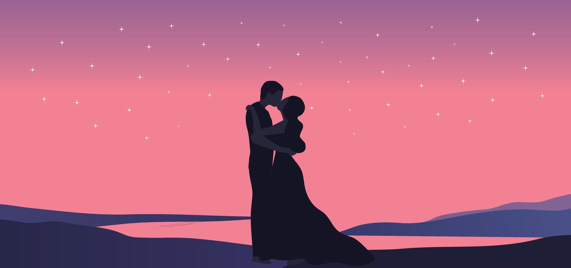 Silhouette of loving couple holding hands on sunset beach background illustration. Happy valentine's day concept vector