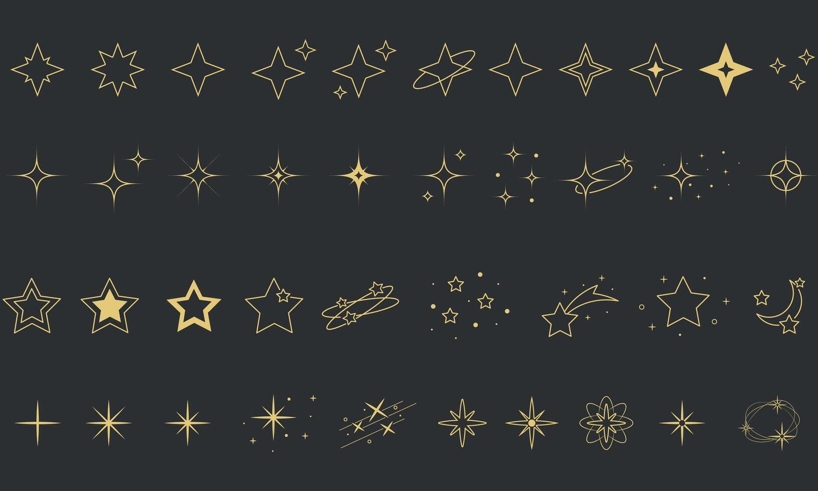 Set of Stars Icons, Decorative Linar Elements, Collection, Sparkles, Shapes, Outline, Hand Drawn, Isolated, Glittering, Style, Doodle, Abstract, Symbol, Gold vector