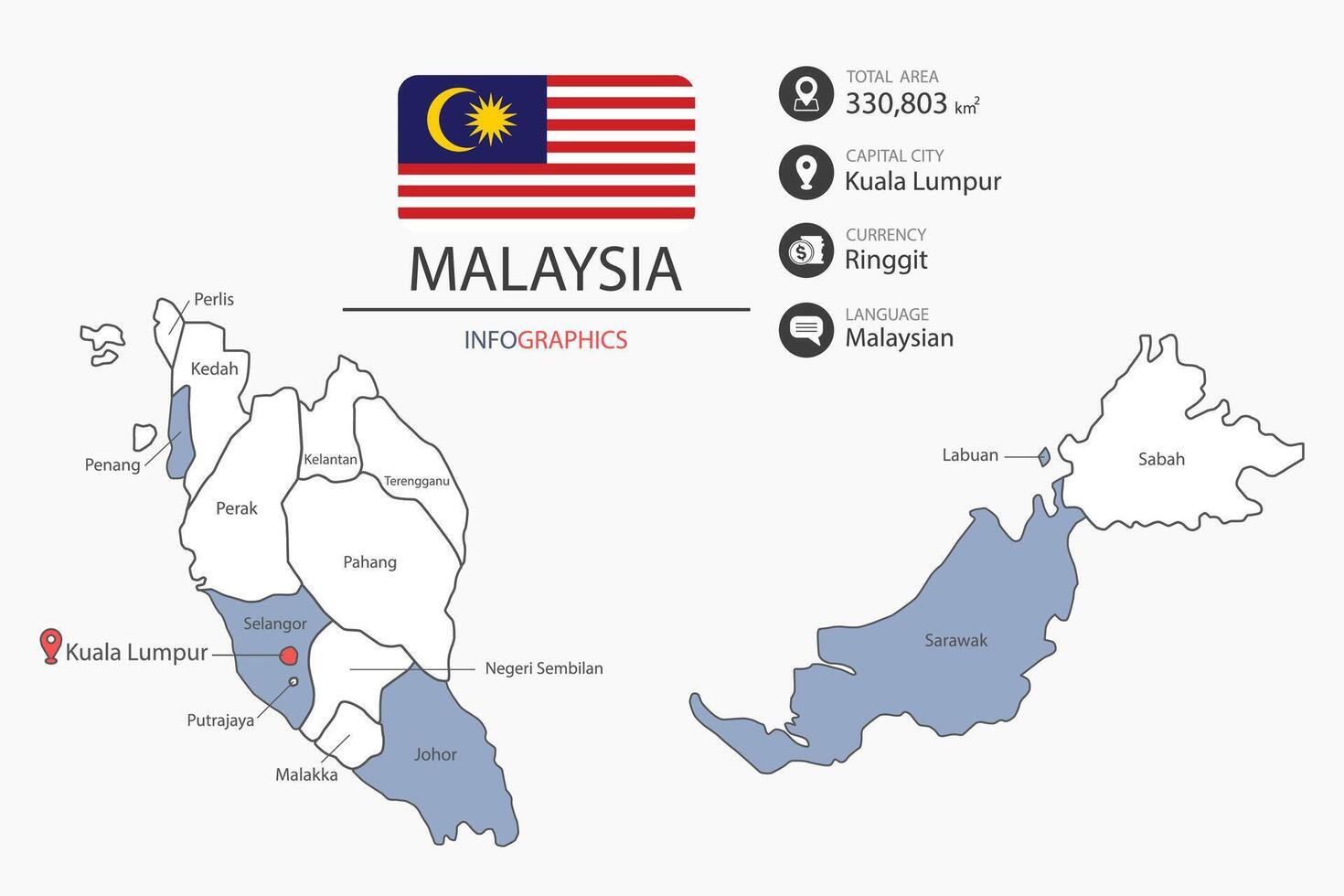 Malaysia map infographic elements with flag of city. vector