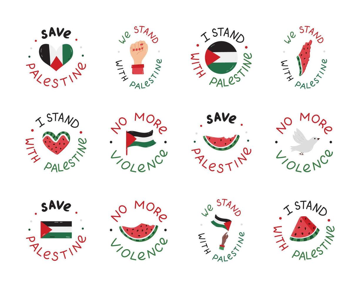 We Stand with Palestine set of emblems with lettering and hand drawn clipart. Watermelon slice, Gaza flag, fist, peace dove, heart. Concept of Free Gaza for poster, banner, wallpaper, flyer, t shirt. vector