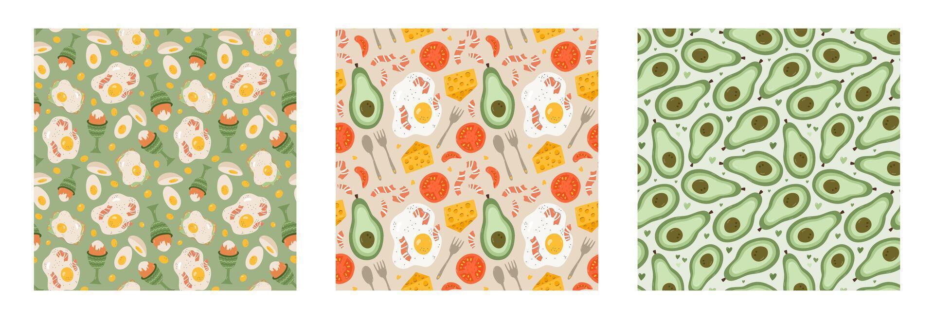 Set of simple seamless pattern with breakfast doodles. Cute print with hand drawn clipart of morning food and beverage. Cute wallpaper print for fabric design with different variations for meal vector