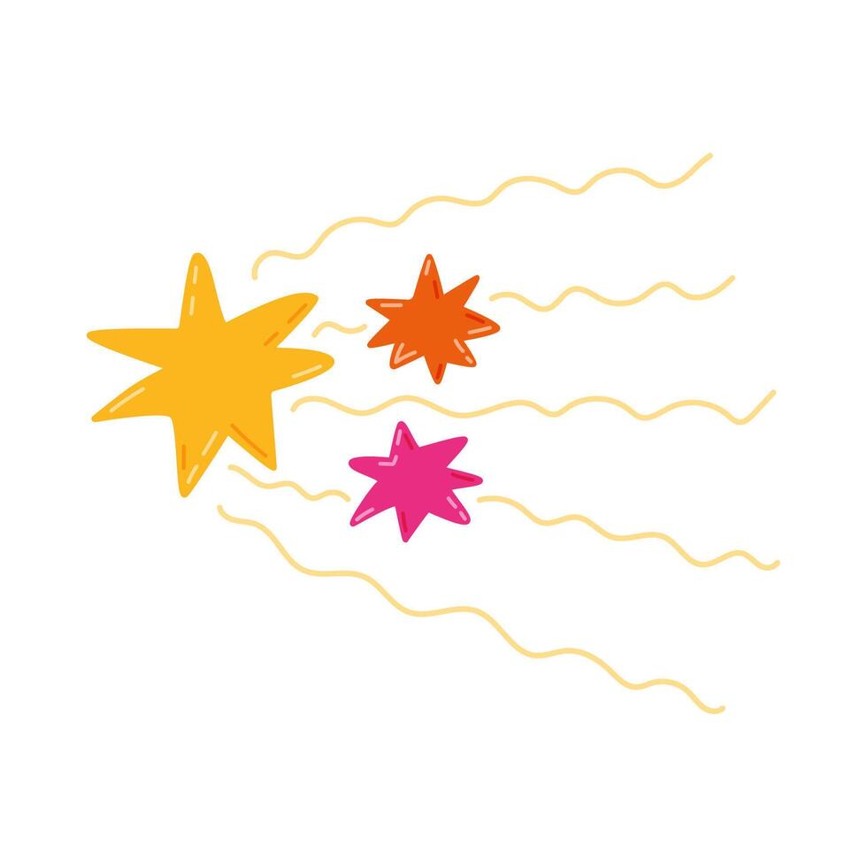 Cute hand drawn falling stars with line tail clipart in cartoon style. Sparkling magical star dust, comet shower. Astrology, astronomy, Christmas icon. Universe shine, light, twinkling stardust. vector