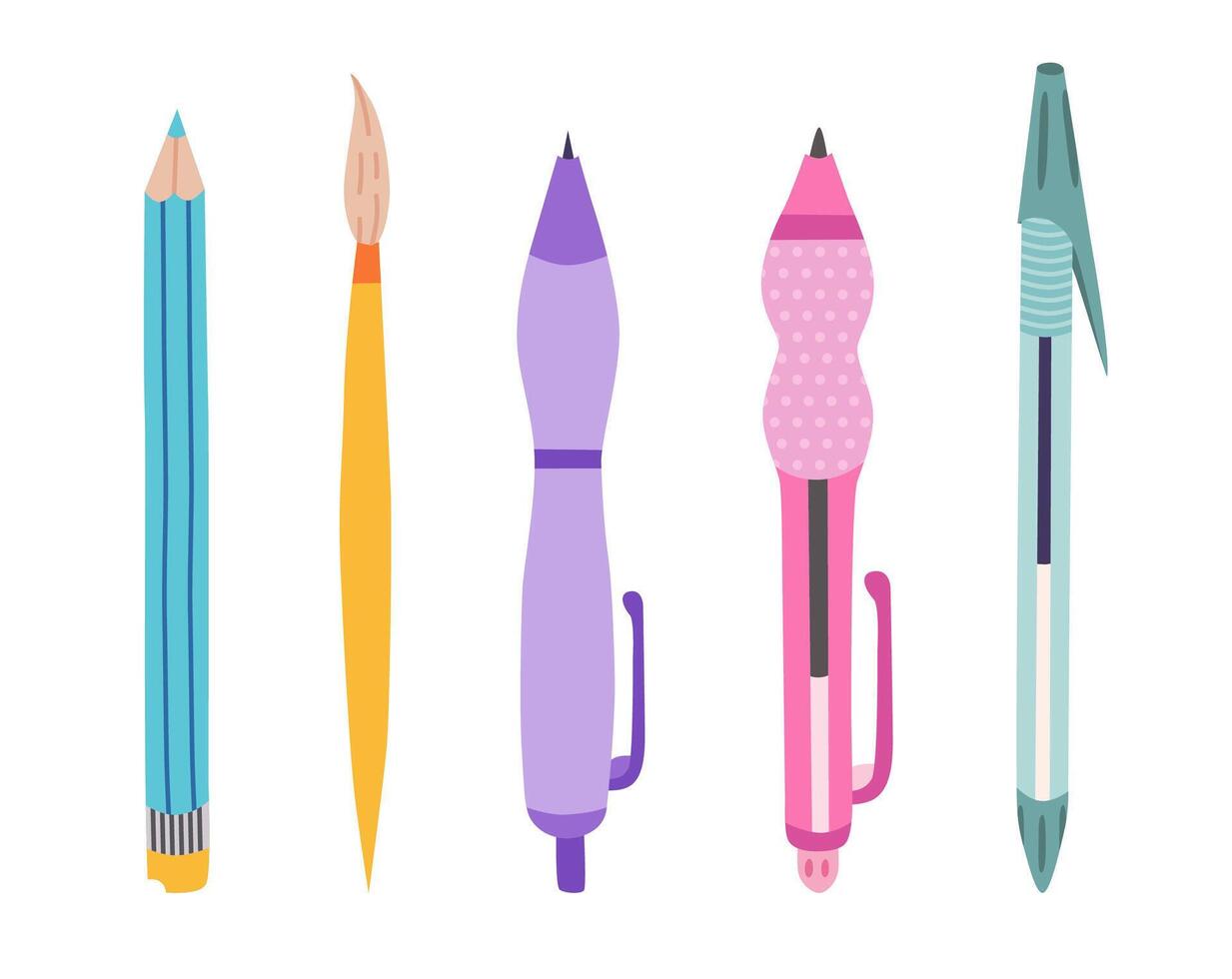 Cute set of back to school stationery in cartoon style. Hand drawn collection of pencil, pen with cap and mechanical, brush for drawing, writing. School supply and stationary for study, work. vector