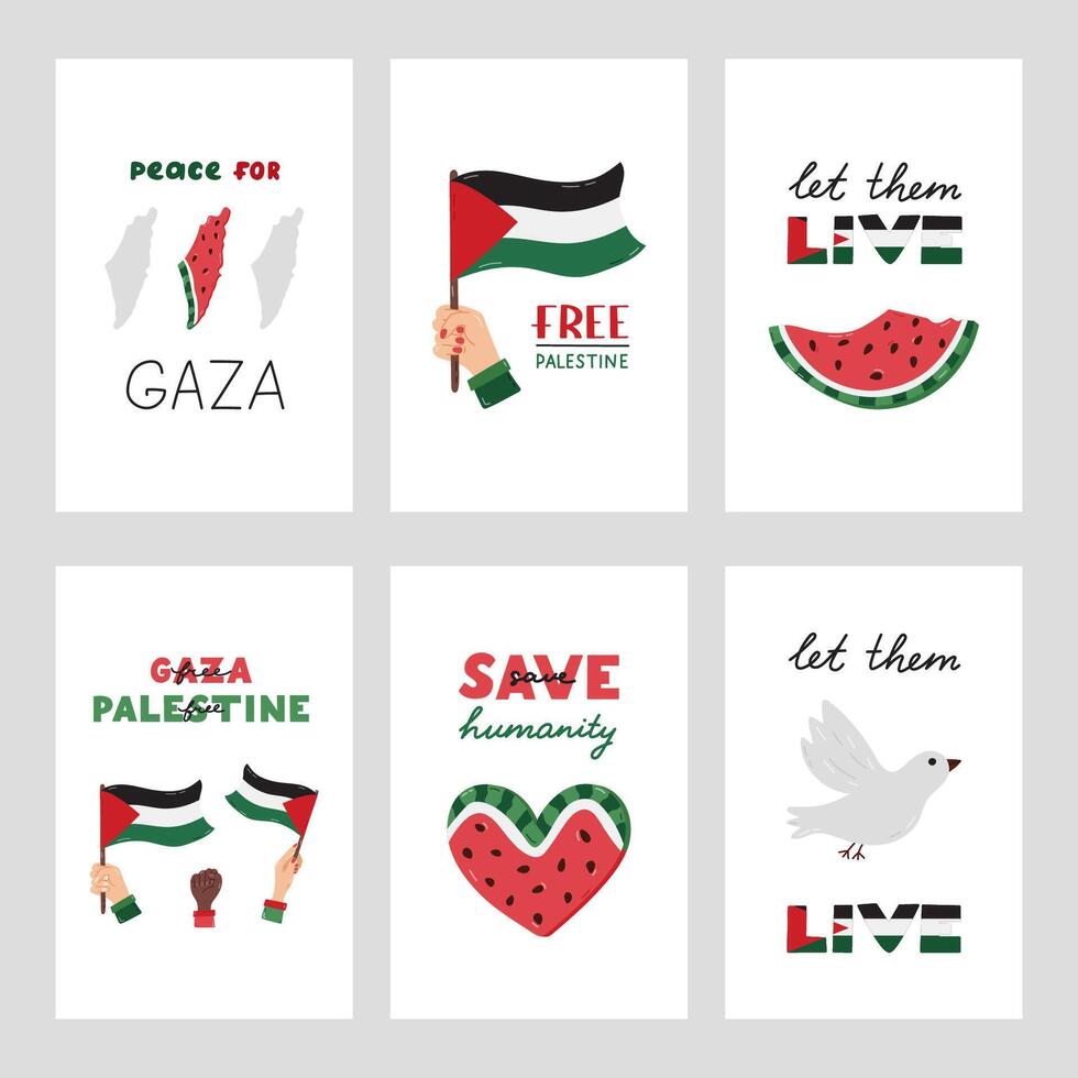 Free Palestine set of posters with lettering and simple hand drawn clipart of Gaza flag, watermelon slices, peace dove. Concept of support and stand with Palestine. Let Them Live, Save Humanity. vector