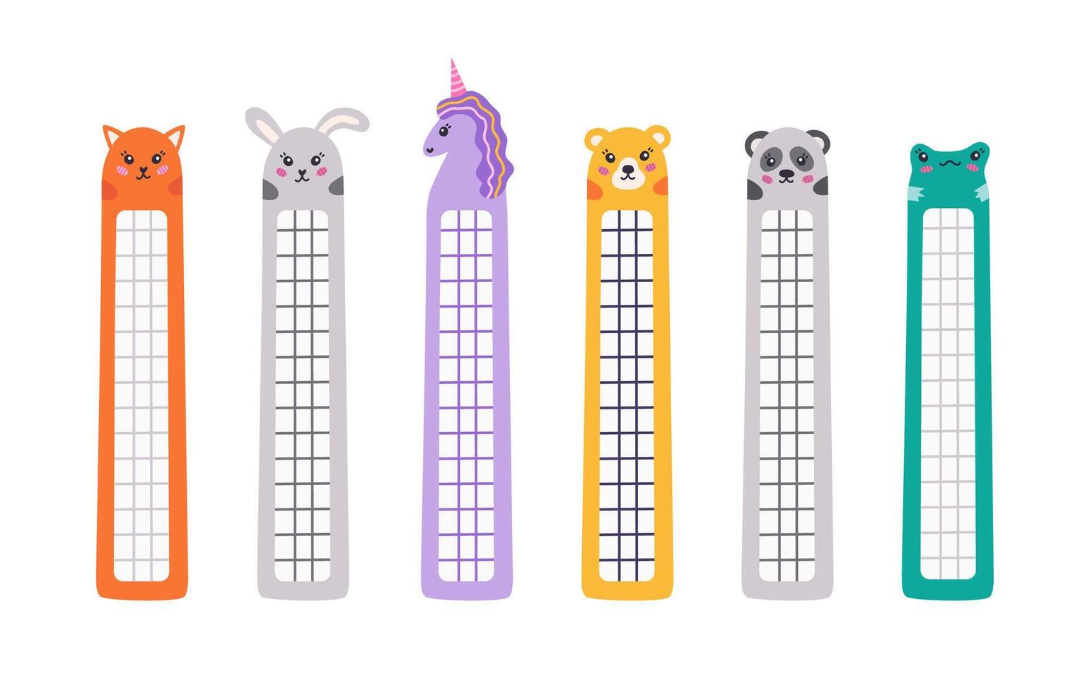 Cute kawaii bookmarks with place for notes with animal faces of cat, rabbit, frog, unicorn, panda, bear for kids. Hand drawn cartoon stationery for books and reading. back to school doodle. vector