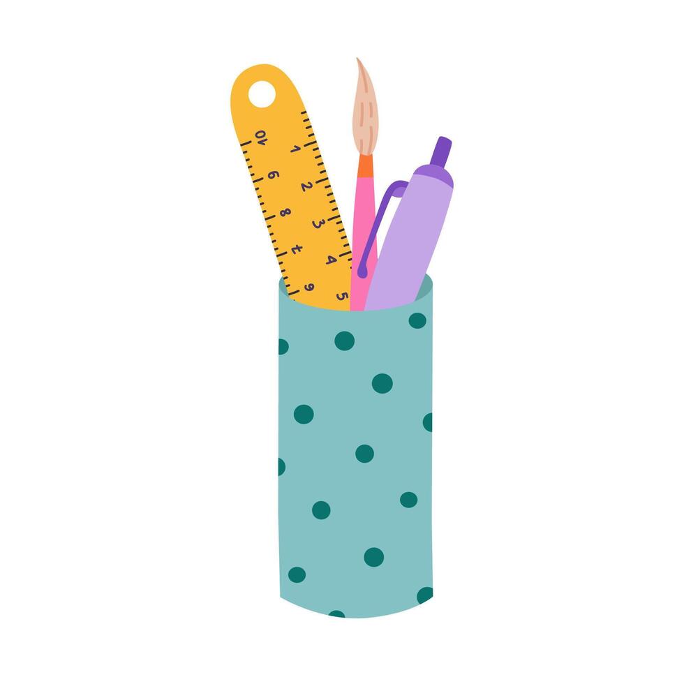 Cute hand drawn pencil cup with dot pattern in cartoon style. Stationery container with mechanical pen, ruler, brush. School cup and holder case for office supplies. back to school clipart. vector