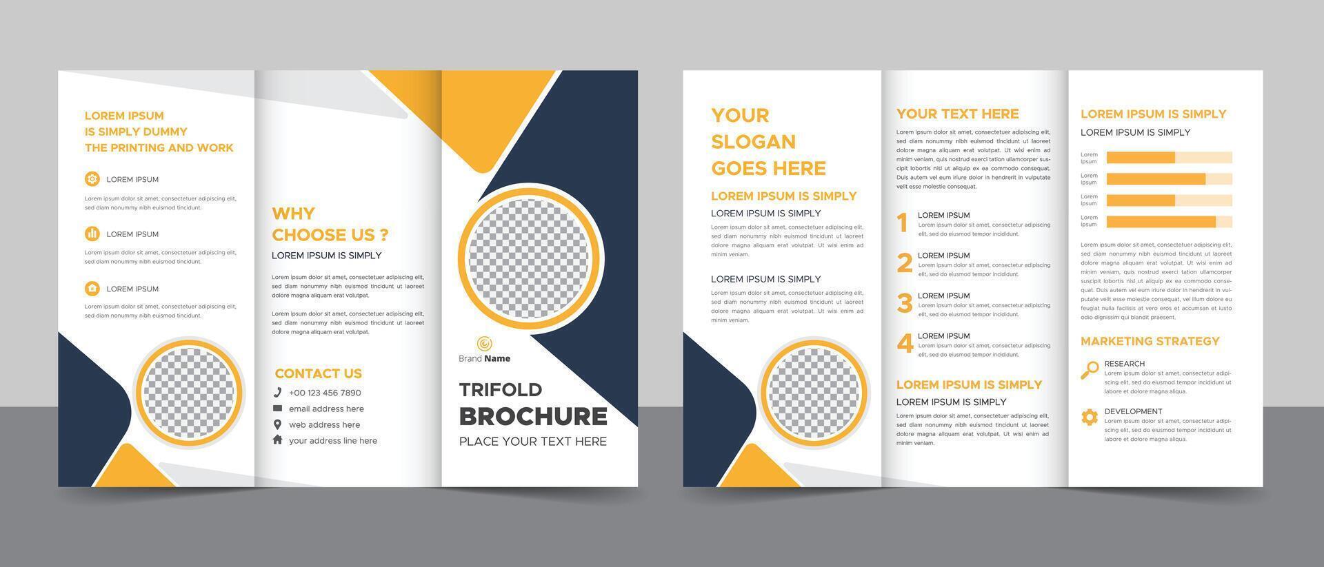 Business Brochure Template in Trifold Layout. Corporate Design Leaflet with Replaceable Image Shape. vector