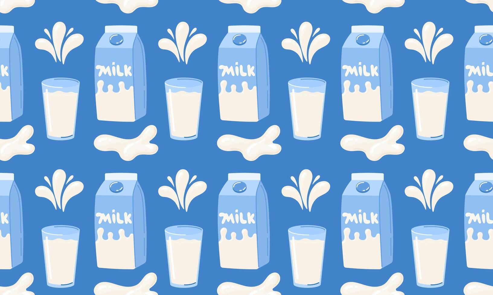 Seamless pattern with Milk. Milk box and glasses. Dairy drops and splash.World milk day. 1 June. National dairy month. illustration in flat hand drawn style vector