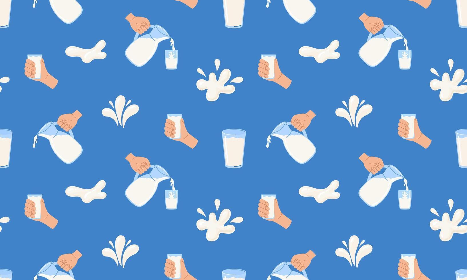 Seamless pattern with Milk. Milk glasses, decanter. Dairy drops and splash. World milk day. 1 June. National dairy month. illustration in flat hand drawn style vector