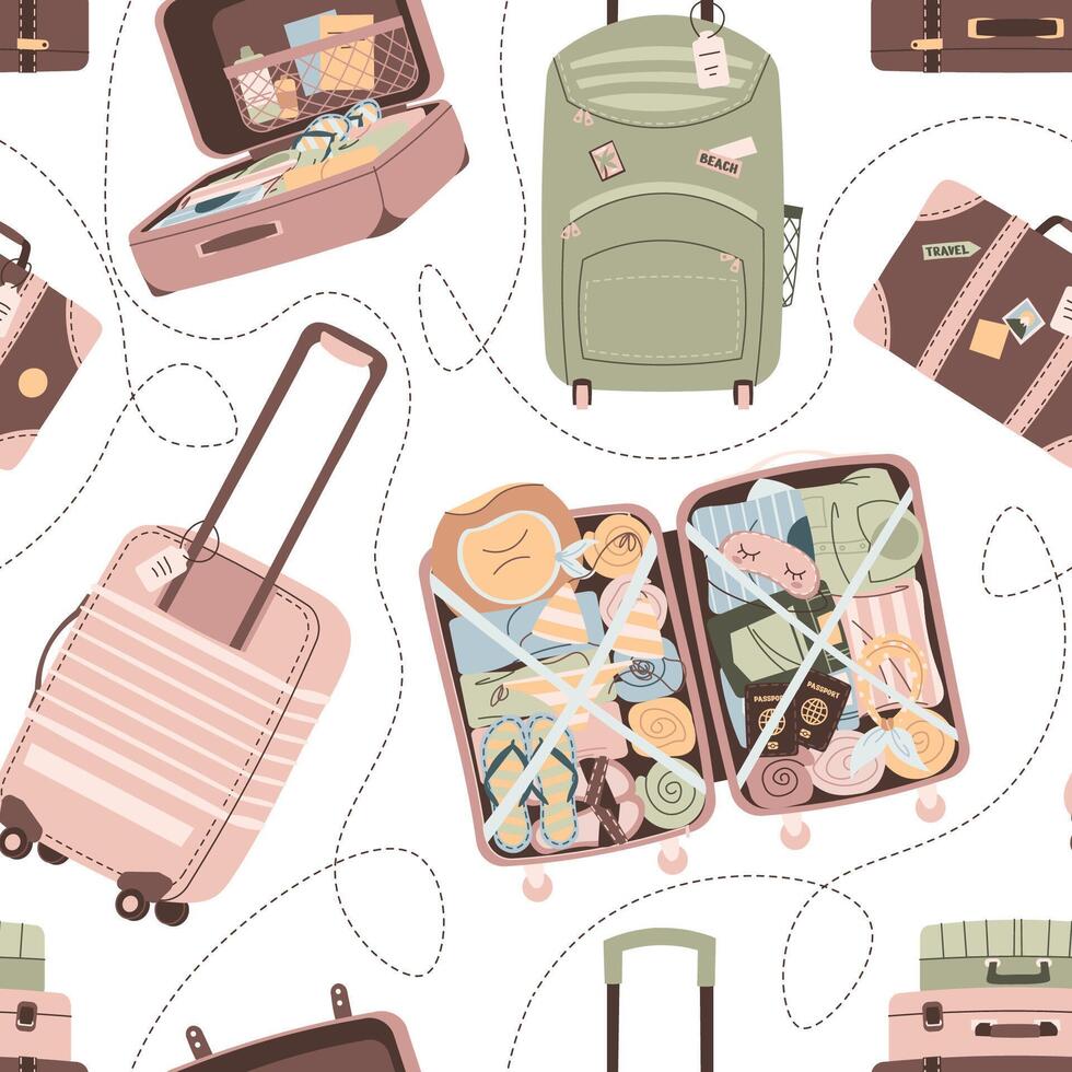 Seamless pattern with suitcases and bags. Endless background with luggage. Travel around the world, adventure. Great for wallpaper, scrapbooking, fabric vector