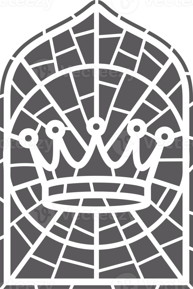 Church glass window. Gothic arch frame with medieval symbol. Vintage architecture element. Stained mosaic decoration with crown png