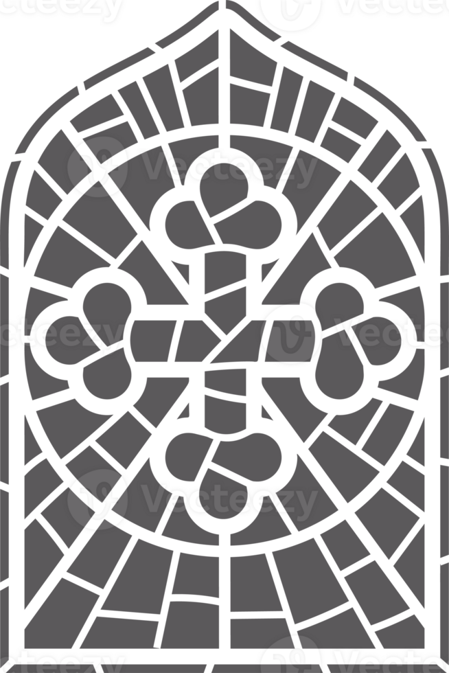 Church glass window. Gothic arch frame with medieval symbol. Vintage architecture element. Stained mosaic decoration with cross png