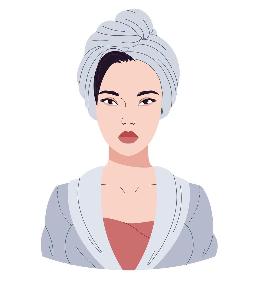 Portrait of an Asian woman in the bathroom with a towel on her head. Self-care in the morning. Beautiful young girl on an isolated background. flat illustration. vector