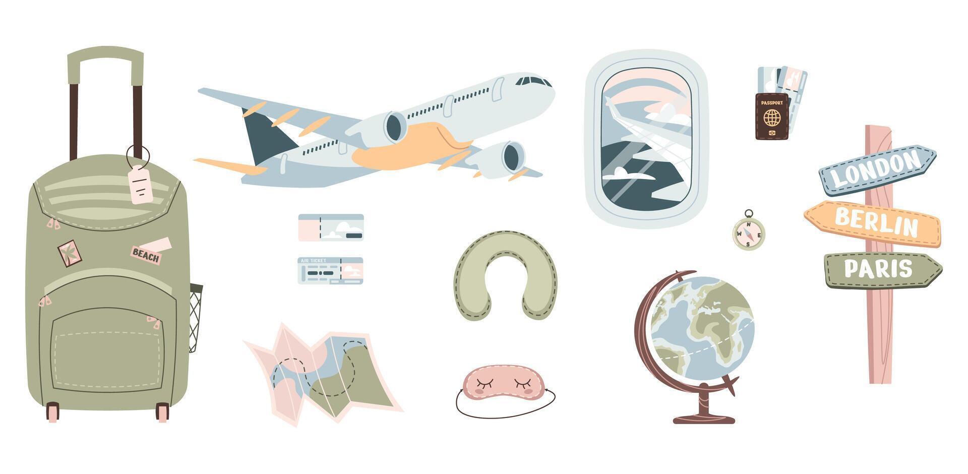 Set with travel items. Adventure Time. Luggage, bag, airplane, globe and travel items on isolated background vector