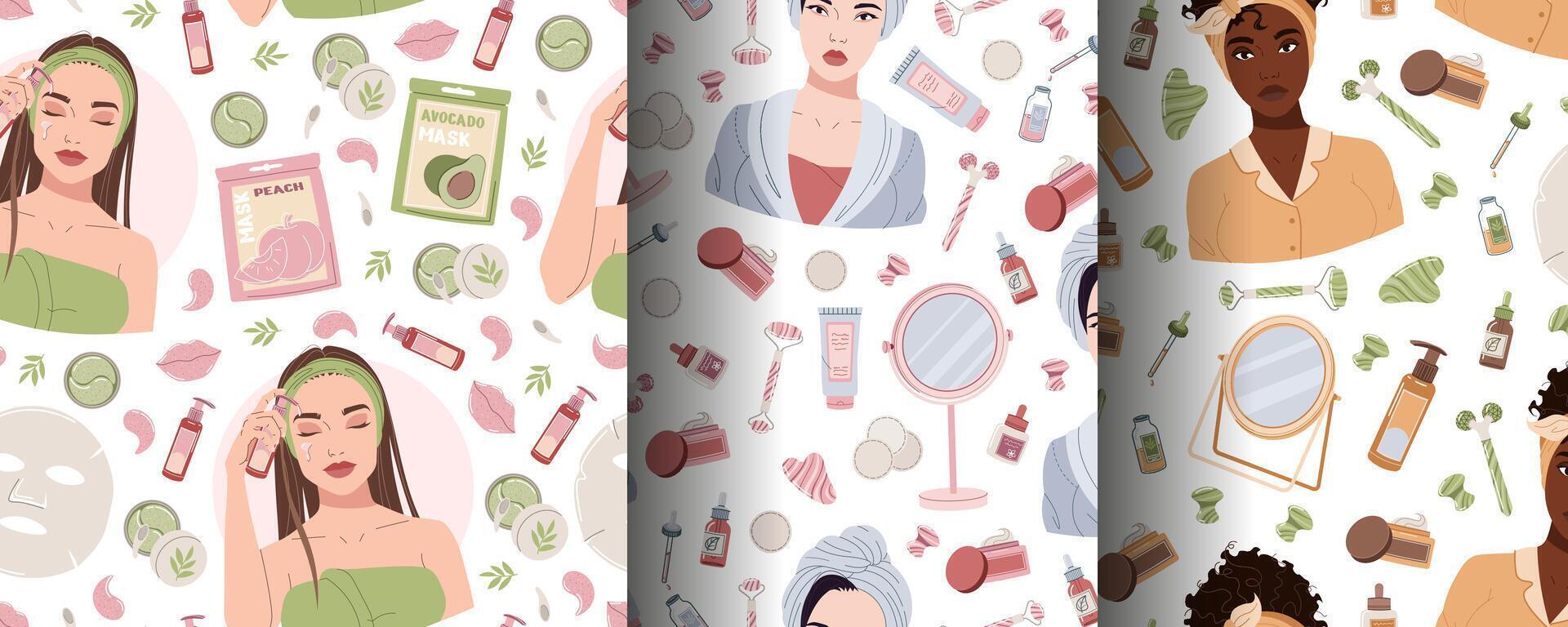 Set of seamless pattern with beautiful girl face mask, creams. Beauty products for moisturizing and caring for facial skin. Morning hygiene procedures. flat illustration. vector