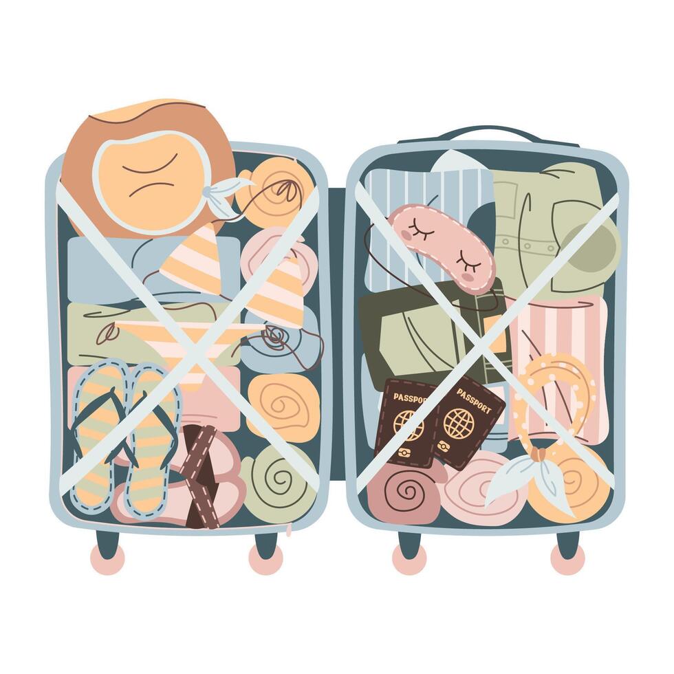 Open suitcase, travel luggage on isolated background. Suitcase for tourism and summer holidays with various things and documents. Hand-drawn in trendy style. Colorful flat illustration vector