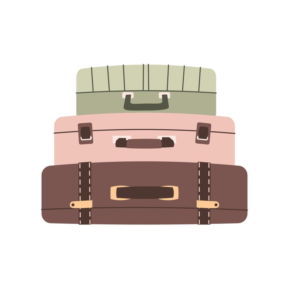 Pile of travel bags on isolated background. Suitcases for tourism and summer holidays. Hand-drawn in trendy style. Colorful flat illustration vector