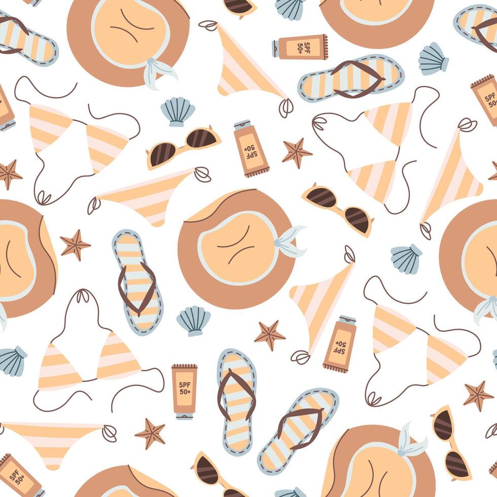 Seamless pattern with beach accessories. Background with hat, swimsuit, sunglasses. Summer holiday, vacation. Great for wallpaper, textiles, scrapbooking vector